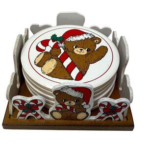 Vintage Christmas Coasters Set of 6 w/ Holder House of Lloyd 1988 Teddy Bears
